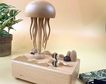 Handmade Wooden Jellyfish Automaton| USB-Powered Kinetic Sculpture, Plays 'Kiss the Rain' by Yiruma| Coastal Home Decor| Unique Gift Him Her