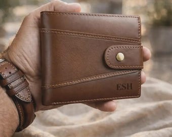 Anniversary Gift for Him, Personalized Leather Wallet with Snap Button Closure, RFID Blocking, Engraved Custom Wallet for Husband