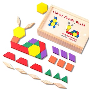 May include: A wooden puzzle set with 60 pieces, featuring various geometric shapes in red, orange, green, purple, yellow, and natural wood tones. The set includes a wooden box with the text "Colour Puzzle World".