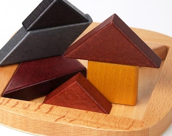 Tangram Holzpuzzle Spiel aus Holz - Klassisches Denkspiel Spielzeug für Kinder & Erwachsene | Handgemachtes hölzernes logisches Puzzle im Tablett
