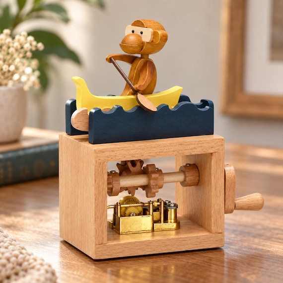 A hand-cranked wooden automaton of a monkey rowing a boat that doubles as a music box — the kind of whimsical mechanical toy that feels like it escaped from a Victorian curiosity shop.