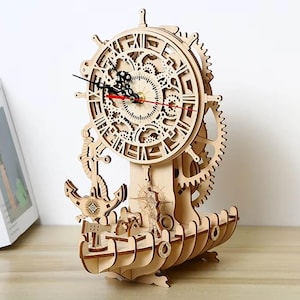Pirate Ship Clockwork 3D Puzzle – Wooden DIY Model Kit | Educational Mechanical Toy, Gear Clock Decor, Handmade Gift