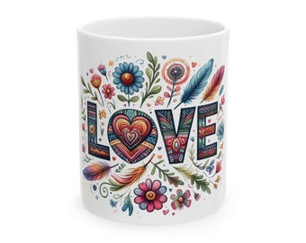 Caneca de cerâmica Boho Love: design floral colorido