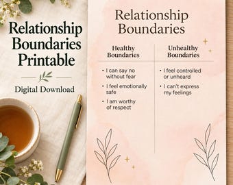 Puede incluir: Un documento imprimible titulado Relationship Boundaries con un fondo de acuarela rosa pálido. Presenta dos columnas que comparan límites saludables y no saludables con listas, decoradas con ilustraciones de hojas en líneas negras.