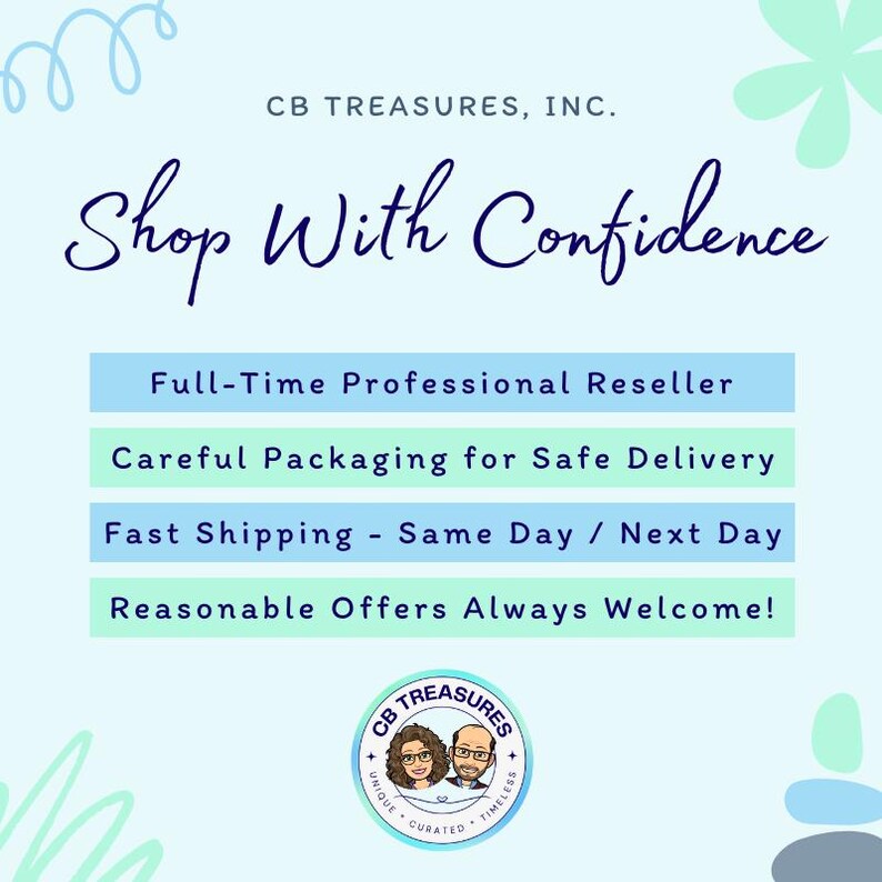 May include: A light blue background with the text "CB TREASURES, INC." and "Shop With Confidence." Additional text includes "Full-Time Professional Reseller," "Careful Packaging for Safe Delivery," and "Reasonable Offers Always Welcome!"