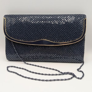 Vintage Navy Mesh Clutch Gold Trim, Navy Metal Shoulder Strap, Magnetic Closure