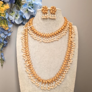 Long Gold Jewellery Set, Pendent Necklace, Kemp Stone Set, Rajwadi Necklace Earring, South Indian Jewelry, Kasumala Necklace, Temple Jewelry