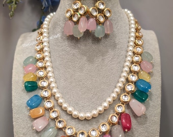Navratan Kundan Necklace, Indian Jewelry Indian Necklace, Kundan Necklace Set, Pakistani Jewelry, Punjabi Jewelry, Multicolored Long Set
