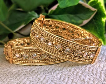 Gold Kada Pair, Indian Bangles, Antique Gold Pacheli, Kundan bridal bangle set, South Indian Gold Kade, Rajwadi Bangle, Indian Kada Bracelet