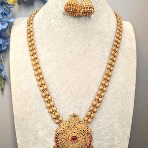 Long Gold Jewellery Set, Pendent Necklace, Kempu Stone Set, Antique Gold Red Green Necklace, South Indian Jewelry, Kasumala, Temple Jewelry
