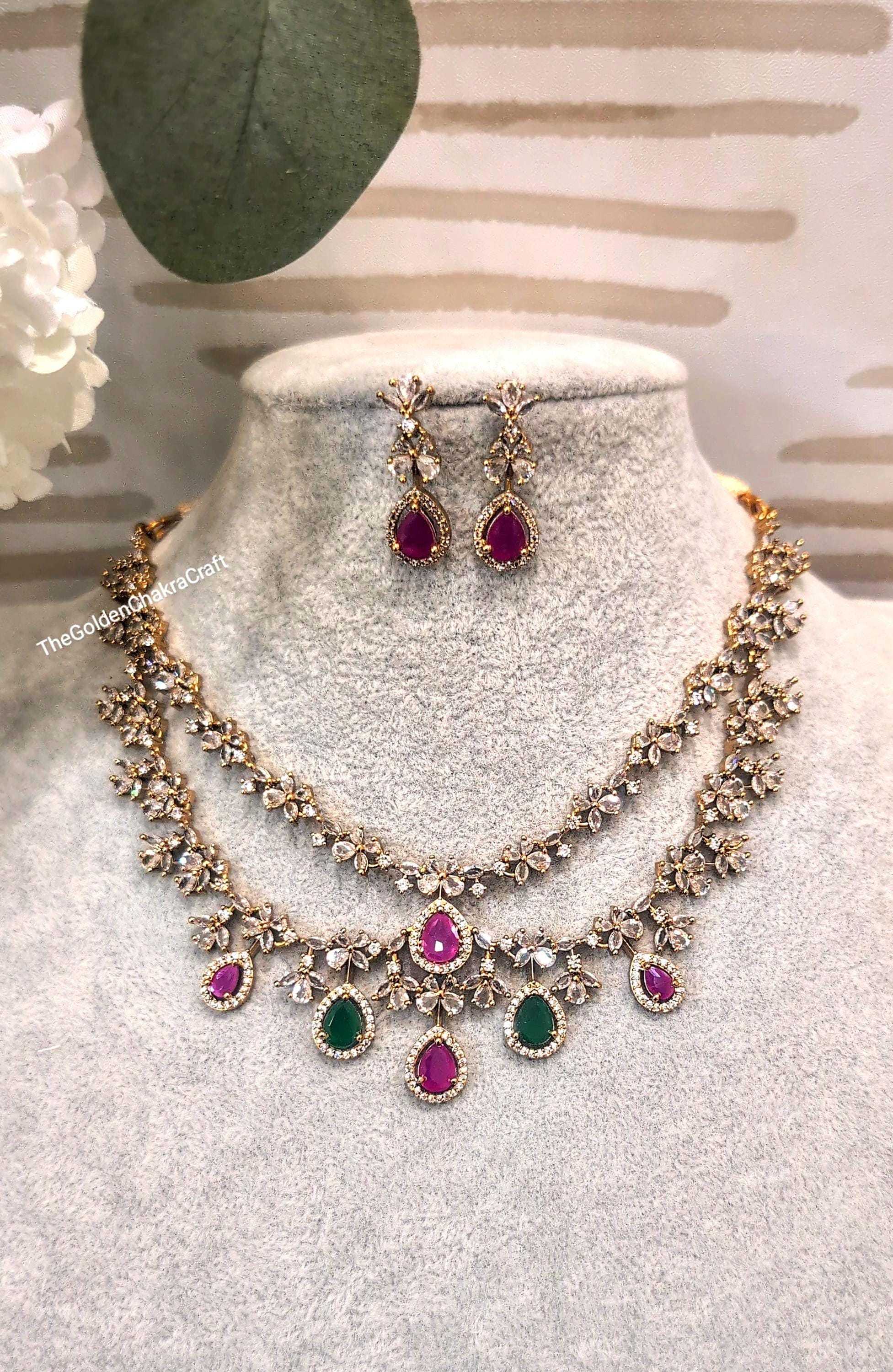 Gold Necklace Set, AD Necklace, 2 Layer Kemp Stone Necklace, Bridal Indian Jewelry Set, Emerald Green Ruby Necklace Earring Set, Double line