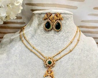 Delicate Gold Jewellery, Multilayer Choker Necklace, Kempu Stone Set, Rajwadi Necklace Earring, 2 Layer AD Necklace, South Indian Jewelry