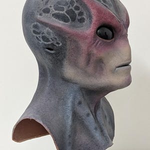 May include: A gray and purple alien mask with a textured surface. The mask has large black eyes and a detailed facial structure. The head is mounted on a black stand, showcasing the full profile of the alien design.