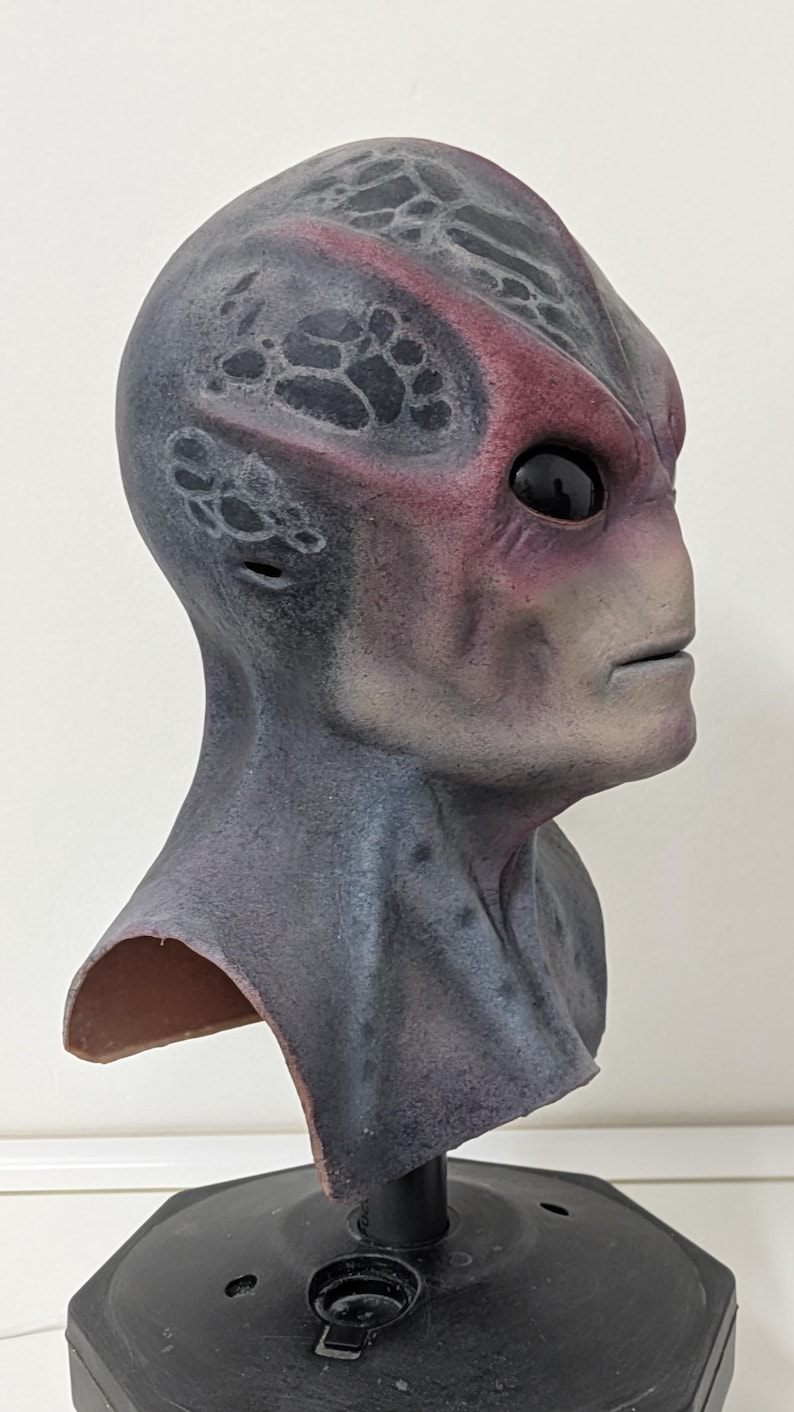 May include: A gray and purple alien mask with a textured surface. The mask has large black eyes and a detailed facial structure. The head is mounted on a black stand, showcasing the full profile of the alien design.