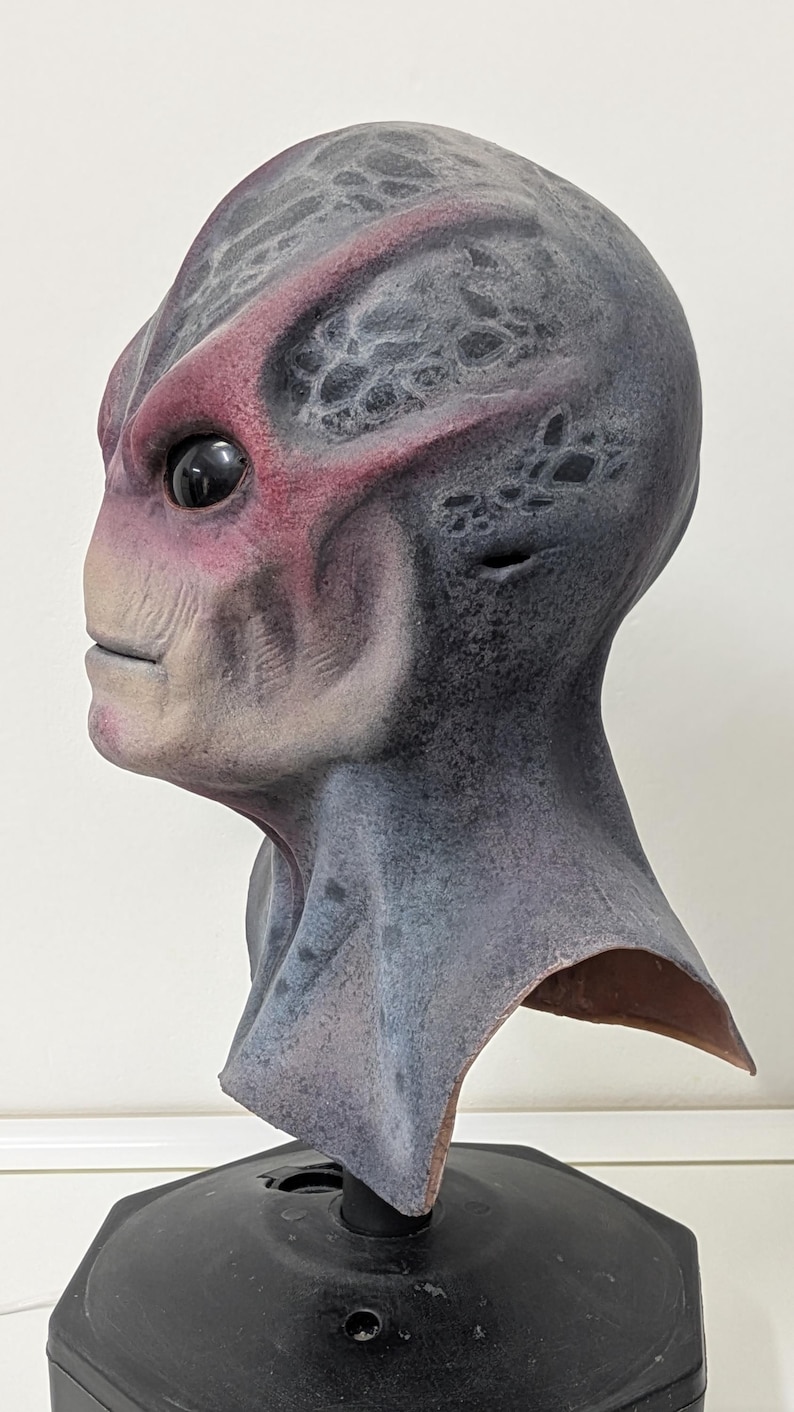 May include: A detailed alien mask with a gray and purple color scheme. The mask features a prominent forehead, large black eyes, and a textured surface. The alien mask is mounted on a black stand.