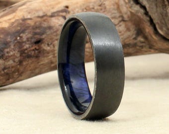 Wood Ring Lined with Black Zirconium Exhibition Curly Koa - Blue