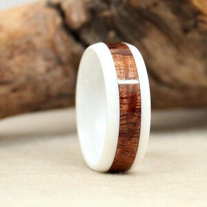White Ceramic Ring with Exhibition Grade Hawaiian Koa