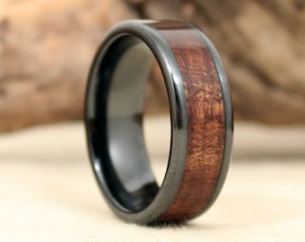 Black Ceramic Matte Ring with Exhibition Grade Hawaiian Koa