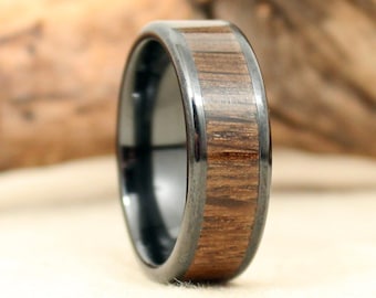 Black Ceramic Matte Ring with Irish Bog Oak