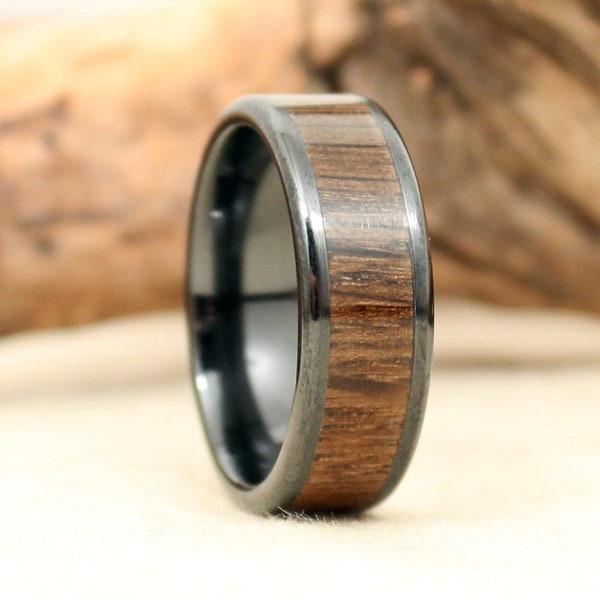 Black Ceramic Matte Ring with Irish Bog Oak