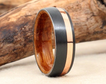 Rose Gold Stripe Black Zirconium - Wood Ring Lined with Whiskey Barrel White Oak Wooden Ring