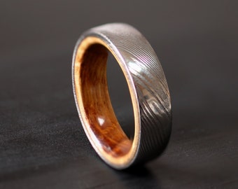 Damascus Twisted Steel and Wood Ring - Bourbon Barrel White Oak Stave Wood Ring Damascus Twisted Steel Ring