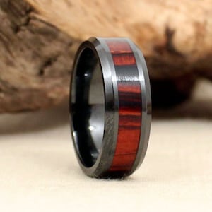 Black Ceramic Ring with Cocobolo Rosewood Wooden Inlay RIng