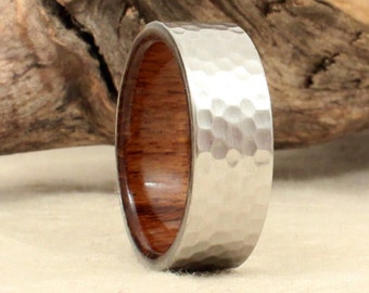 Wooden Ring Lined with USS North Carolina Deck Teak - Hammered Cobalt