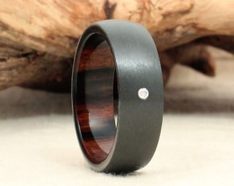 Diamond Inlay Black Zirconium Wood Ring Lined with Macassar Ebony - Custom Band