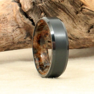 Beveled Black Zirconium Wood Ring Lined with Stabilized Black Ash Burl image 1