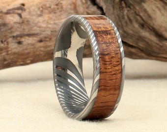 Damascus Steel and Wood Ring - Hawaiian Koa Wooden Ring