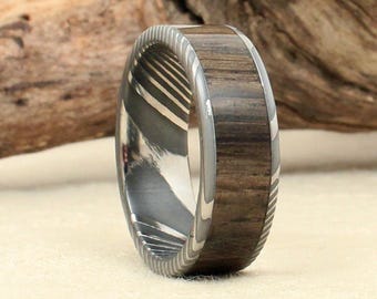 Damascus Steel and Wood Ring - Ancient Bog Oak Wooden Ring