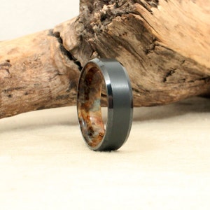 Beveled Black Zirconium Wood Ring Lined with Stabilized Black Ash Burl image 2