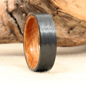 Carbon Fiber and Bourbon Barrel Oak  Wood Inner Liner - Black Custom Wedding Ring