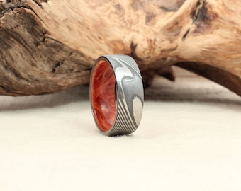 Wood Ring - California Redwood Burl Wood Ring Damascus Twisted Steel Ring and Damascus Twisted Steel