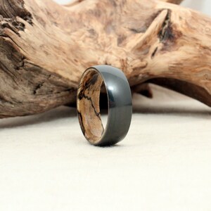 Black Zirconium Wood Ring Lined with Spalted Tamarind Wood image 3