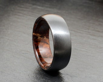 Black Ceramic Exterior Ring with Pheasantwood - Comfort Fit - Men's Wedding Band, Custom Ring