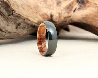 Black Zirconium Wood Ring Lined with Bethlehem Olivewood