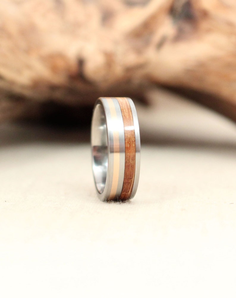 Wooden Ring with Titanium and Gold with Bourbon Barrel White Oak Wood Ring Titanium Ring image 2