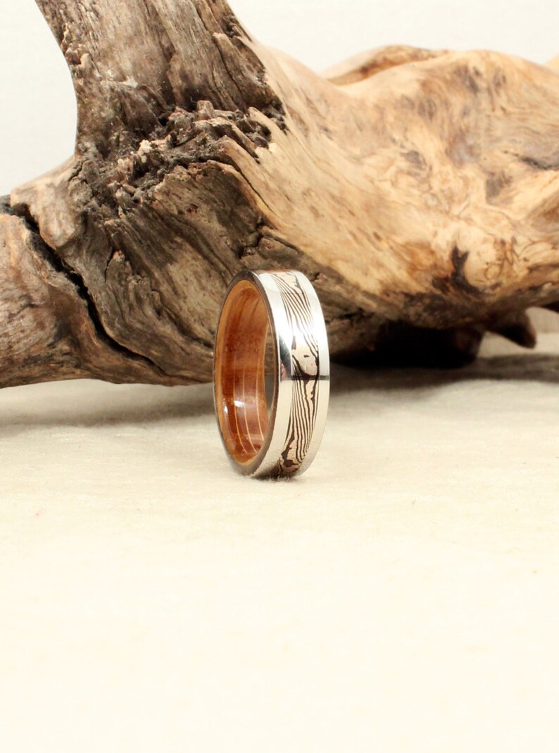 Cobalt Mokume-gane Whiskey Barrel Oak Wooden Ring image 3