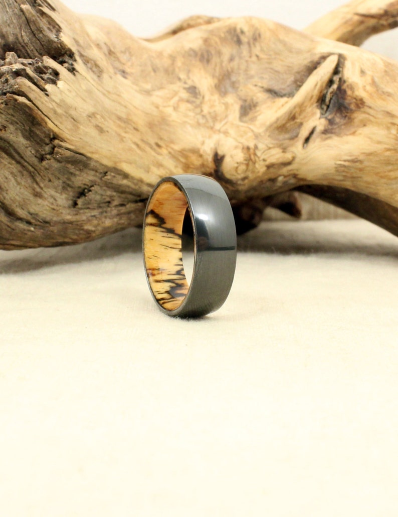 Black Zirconium Wood Ring Lined with Spalted Tamarind Wood image 4