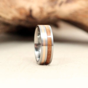 Wooden Ring with Titanium and Gold with Bourbon Barrel White Oak Wood Ring Titanium Ring