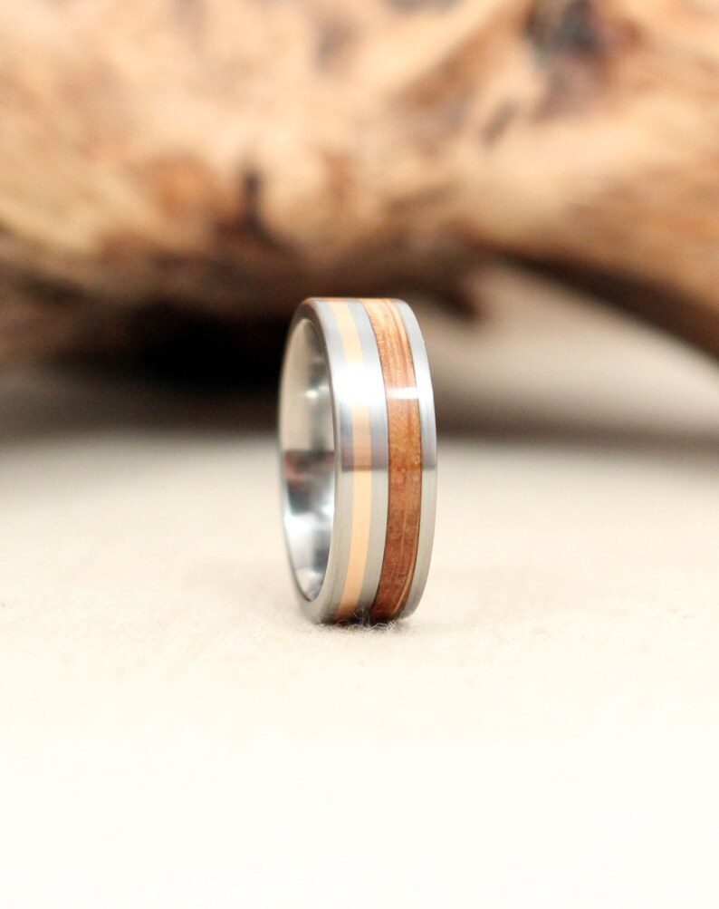 Wooden Ring with Titanium and Gold with Bourbon Barrel White Oak Wood Ring Titanium Ring image 1
