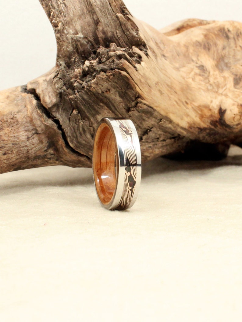 Cobalt Mokume-gane Whiskey Barrel Oak Wooden Ring image 1