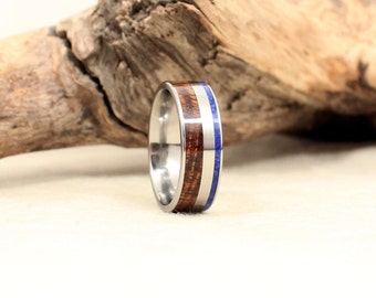 Wooden Ring - Hawaiian Koa and Lapis Lazuli Deconstructed Titanium Ring