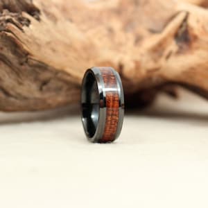 Black Ceramic Ring with Exhibition Grade Hawaiian Koa - Custom Bespoke Wedding Ring