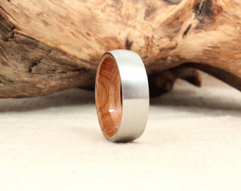 American Bourbon Barrel White Oak Wood in Satin Cobalt Ring - Custom Wedding Engagement Band