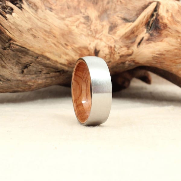 American Bourbon Barrel White Oak Wood in Satin Cobalt Ring - Custom Wedding Engagement Band