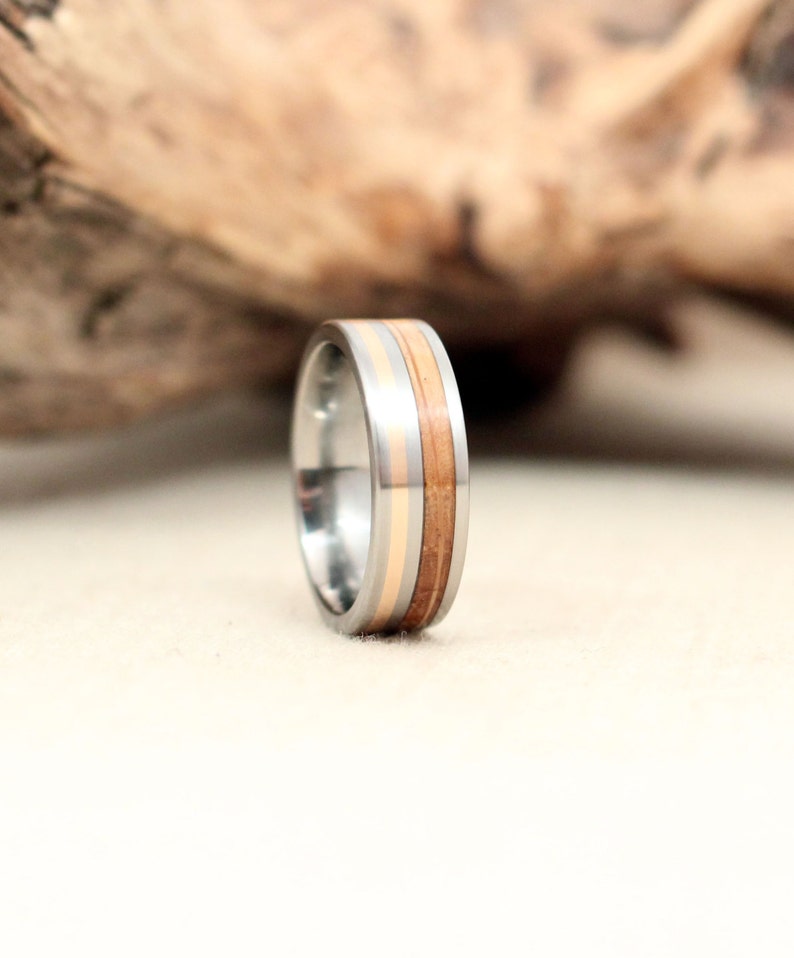 Wooden Ring with Titanium and Gold with Bourbon Barrel White Oak Wood Ring Titanium Ring image 4