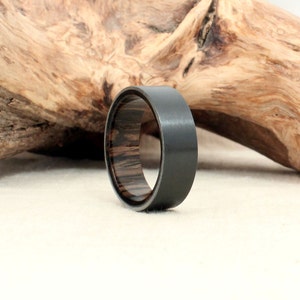 Black Zirconium Wood Ring Lined with Ancient Russian Bog Oak Band - Men&#39;s Wedding Band